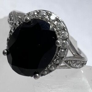 925 Sterling Silver Black Onyx Oval Halo Statement Ring Cubic Zirconia Size 7